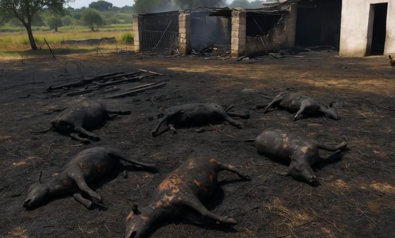 zona colpita dall'incendio a Tricase con animali vittime del rogo