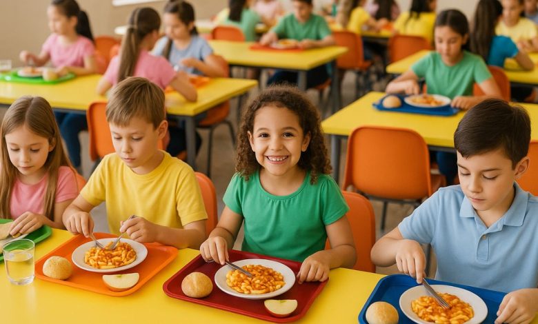 bambini in mensa durante un pasto sano nelle mense scolastiche in Puglia