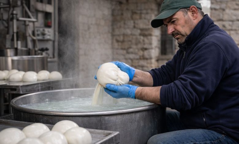 Lavorazione della mozzarella in caseificio pugliese, filiera sotto pressione per il latte a basso costo in Puglia