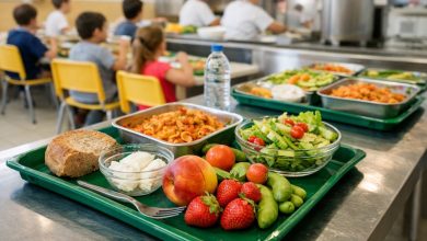 Mensa scolastica in Puglia con frutta e verdura di stagione e prodotti locali nel vassoio