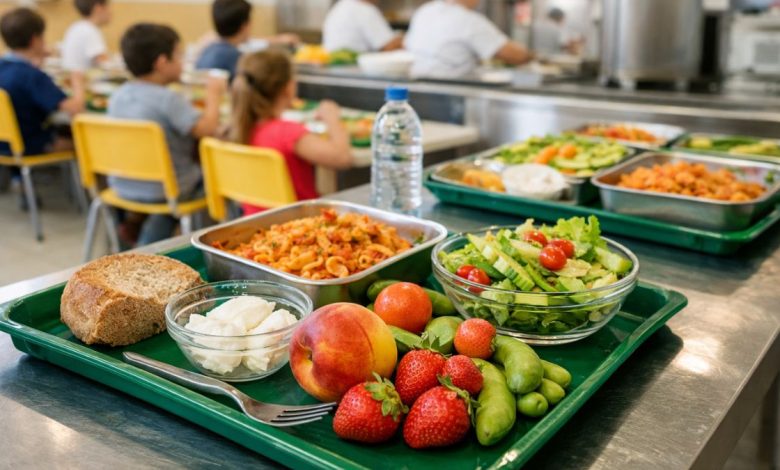 Mensa scolastica in Puglia con frutta e verdura di stagione e prodotti locali nel vassoio