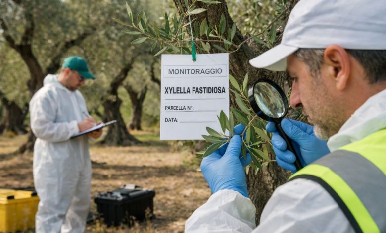 Oliveto a Bitonto con monitoraggio per Xylella fastidiosa e controlli fitosanitari in campo.