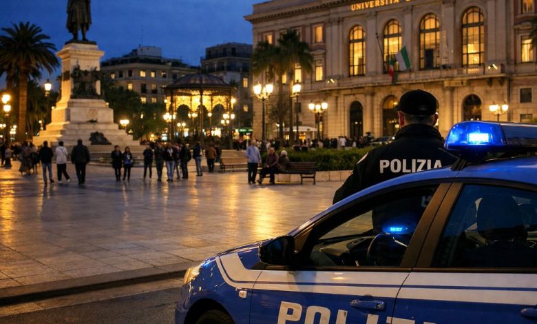 Pattuglia della Polizia di Stato in controllo serale in piazza Umberto a Bari