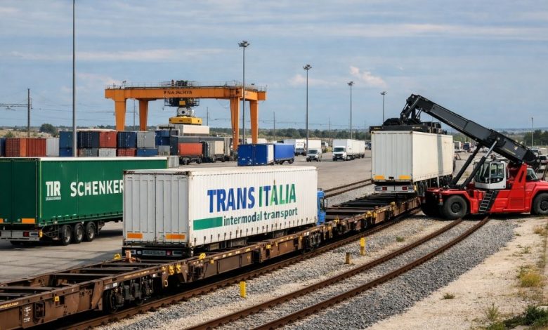 Scalo merci di Surbo con binari e area logistica per intermodalità gomma–ferro