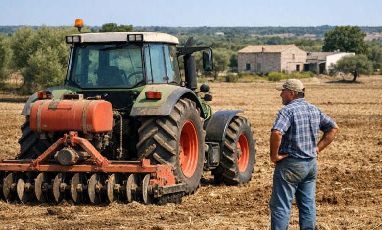 Trattore fermo nei campi per il blocco del carburante agricolo in Puglia