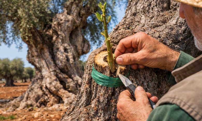 Ulivo monumentale in Puglia con tecniche di reinnesto contro Xylella Fastidiosa