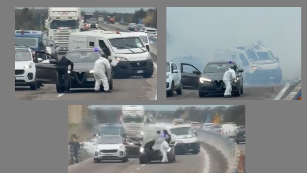 Sequenza di immagini dell’assalto al portavalori sulla statale 613 nel Brindisino, con blocco stradale, mezzi coinvolti e intervento delle forze dell’ordine