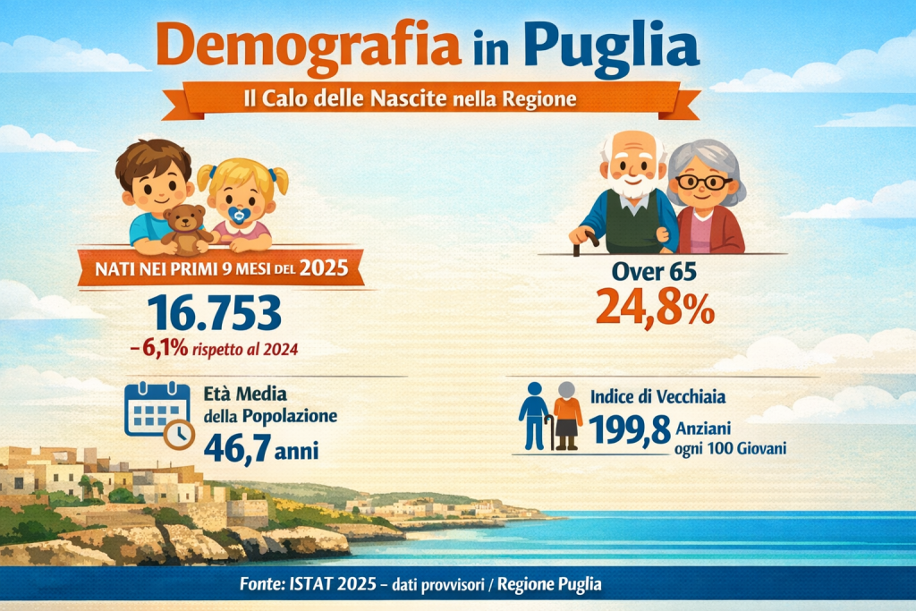 Infografica sulla demografia in Puglia: calo delle nascite nel 2025 con 16.753 nuovi nati nei primi nove mesi (-6,1%), aumento dell’età media a 46,7 anni e crescita degli over 65 al 24,8% secondo dati ISTAT